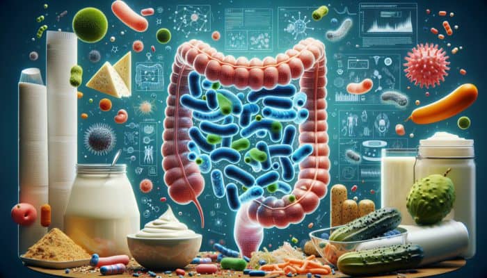 Probiotic Supplements for Gut Health: Illustration of a healthy gut microbiome with colorful beneficial bacteria, yogurt, and sauerkraut.