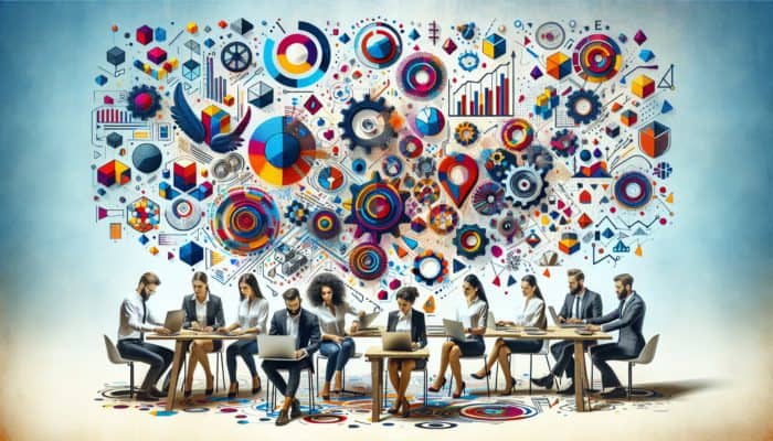 A vibrant studio with experts creating colourful infographics for link building strategies.