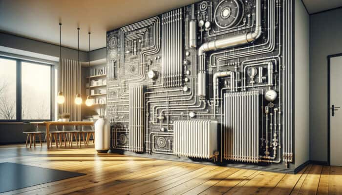 Modern home interior with efficient water boiler system, pipes, and radiators ensuring uniform heat and comfort.