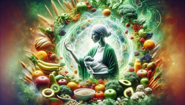 Nutrition for Postpartum Recovery: A new mother with an array of whole foods, representing a nutrient-rich postpartum diet for recovery and energy.