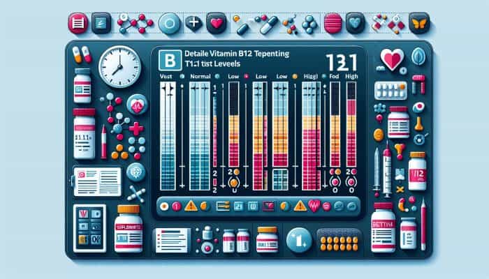 A medical chart showing Vitamin B12 levels with color-coded sections and health-related icons.