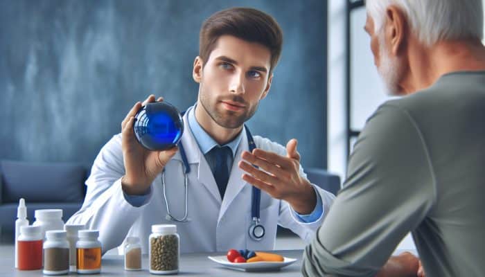 A doctor and patient reviewing Vitamin B12 test results and discussing health optimization strategies in a clinic.