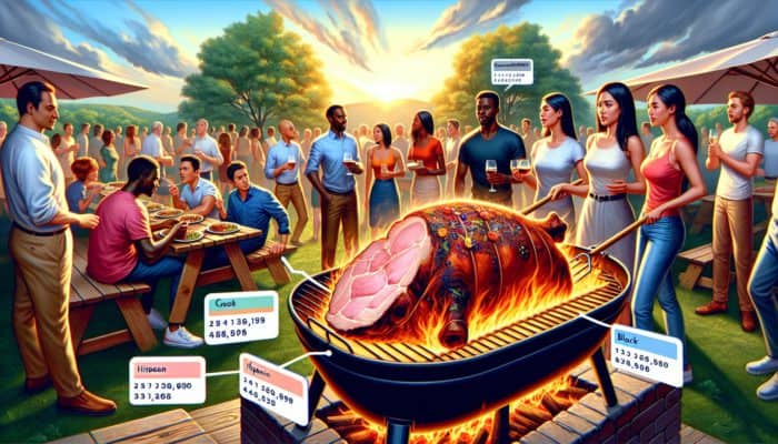 A succulent pork shoulder roast cooking over a smoky barbecue at a lively outdoor gathering.