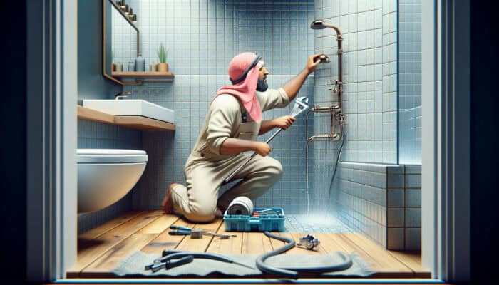A plumber repairing a small shower leak, preventing costly water damage to walls and floors.
