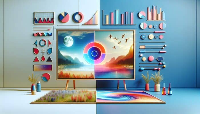 Two video ads on split screen, one with bold call-to-action, other with soft, emotional imagery; analytics graphs.