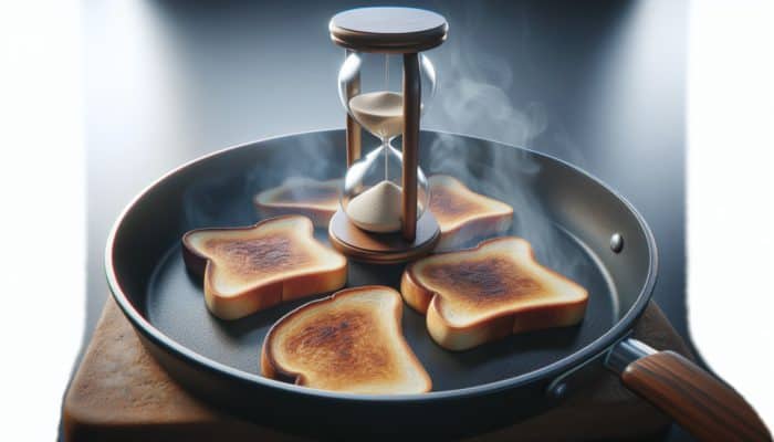 Slices of bread toasting in a frying pan, turning golden brown, with a timer set to 2-3 minutes.