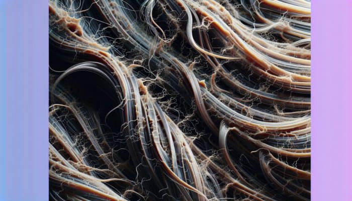 Damaged hair strands under microscope showing heat-induced cracks and brittleness from styling tools.
