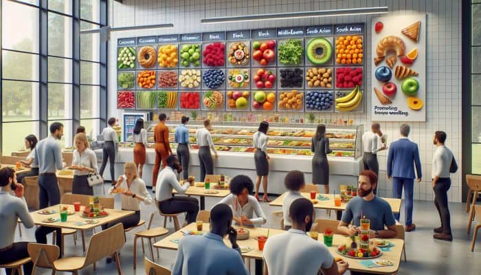 A busy UK office cafeteria with diverse food choices including salads, fruits, and pastries, and wellness posters.