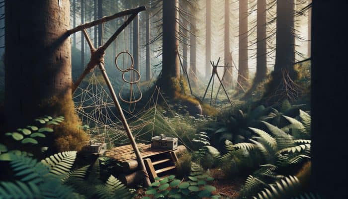 A wilderness scene with various DIY survival traps, including twine snares and gravity-powered deadfall traps, set among trees and underbrush.
