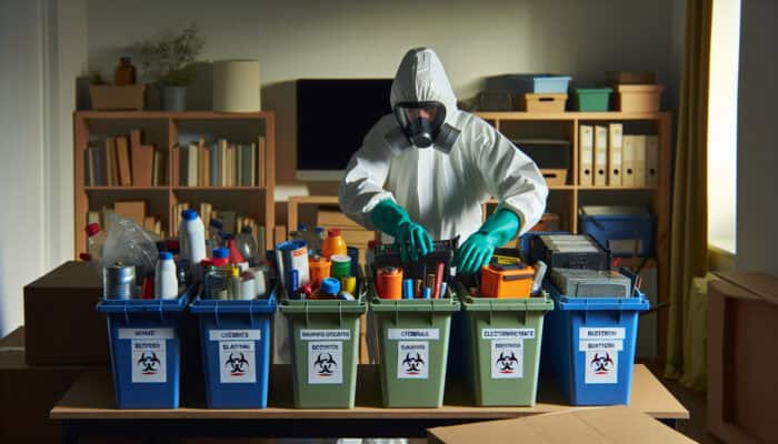 Person in protective gear sorting hazardous materials into labeled bins during house clearance, following UK regulations.