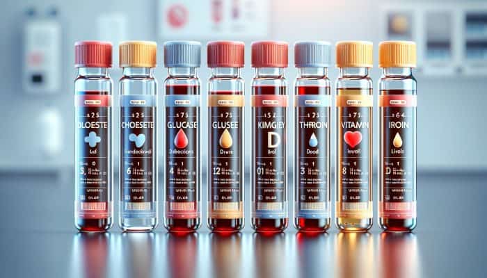 Illustration of blood test vials labelled with various health markers on a clinical background.