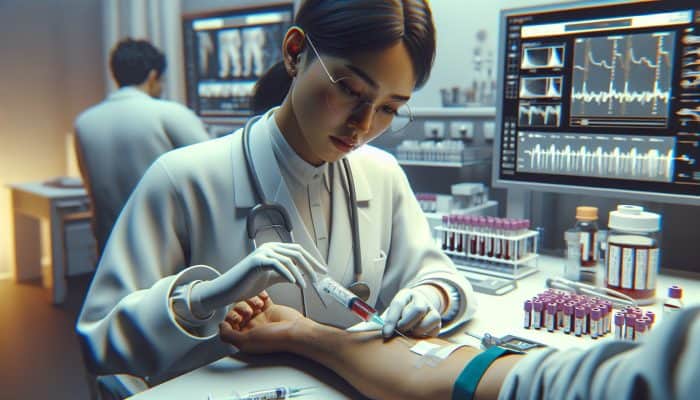 Diabetes Blood Test in Aberdeen: A healthcare professional drawing blood for a diabetes test in a clinical setting.