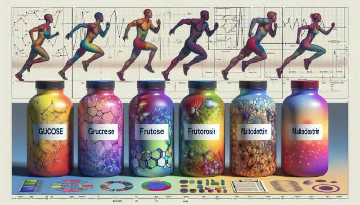 A vibrant display of carbohydrate supplement bottles labeled glucose, fructose, maltodextrin, starch, with athletes in motion.