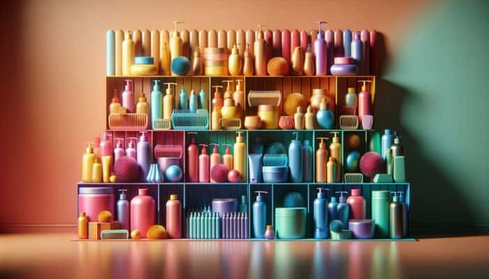 Diverse affordable hair care products on a colourful shelf, with price tags and ingredient lists visible.