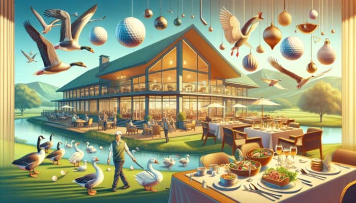 Warm, inviting Goose Valley Golf Club clubhouse with fine dining restaurant offering diverse cuisines for post-golf relaxation.