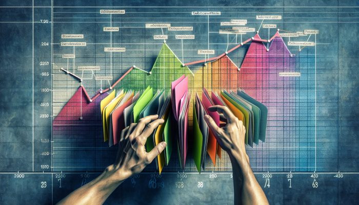 Debt Consolidation vs Selling Assets to Pay Debt: UK Guide | DCL A person organising multiple colourful debt papers into one folder, symbolising debt consolidation, alongside financial charts depicting decreasing interest rates.