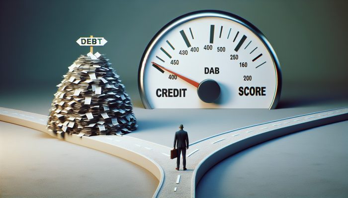 Debt Consolidation vs Selling Assets to Pay Debt: UK Guide | DCL A person at a crossroads weighing the choice between a stack of bills and a single loan document, with a credit score gauge in the background.
