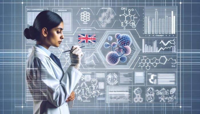 A woman in a lab coat examines a biochemical model, surrounded by charts and ethical guidelines, symbolizing biohacking risks in the UK.