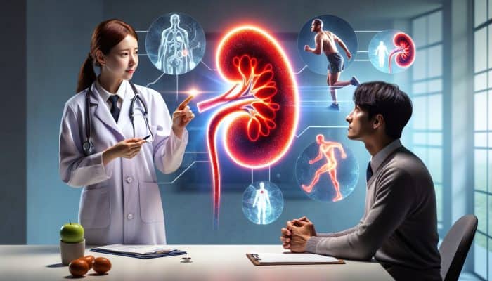 Doctor reviewing kidney test results, diagnosing early-stage chronic kidney disease, patient adopts healthier lifestyle and medication.