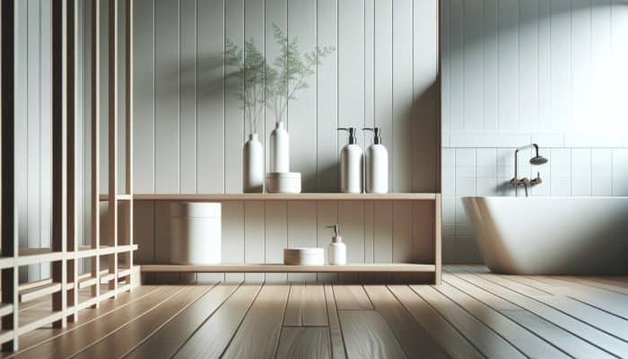 A serene bathroom with minimalistic design, showcasing a few high-quality hair care products on a simple shelf.