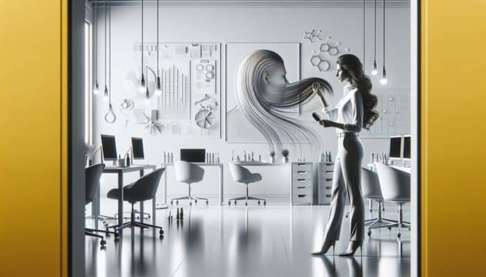 A busy professional in a modern office using minimalist hair care products, showcasing simplicity and efficiency.