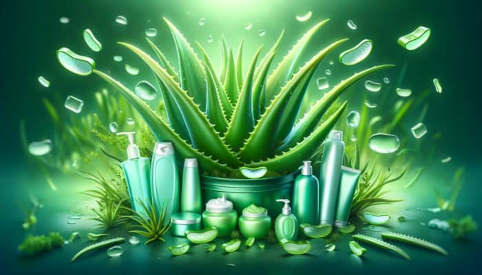 A vibrant aloe vera plant with gel, surrounded by hair care products in a lush environment.