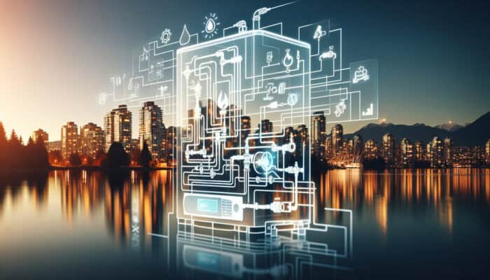 A boiler schematic with common issues like pilot light, leaks, and sediment, against North Vancouver skyline.