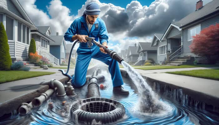 Drain Services in South Vancouver: A plumber in blue uniform unclogs a drain with a high-pressure water jet in South Vancouver.