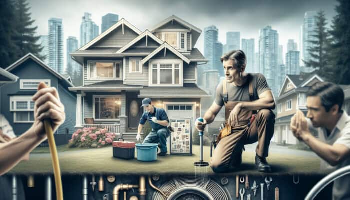 A North Vancouver homeowner watches a plumber fix a drain, ensuring financial security and preventing future costly damages.