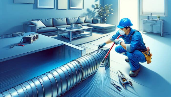 A professional duct cleaning technician in a blue uniform using advanced equipment in a modern home.