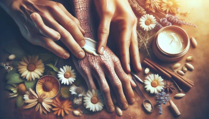 Hands applying herbal balm to cracked skin, surrounded by calendula and chamomile, showing healing effects.