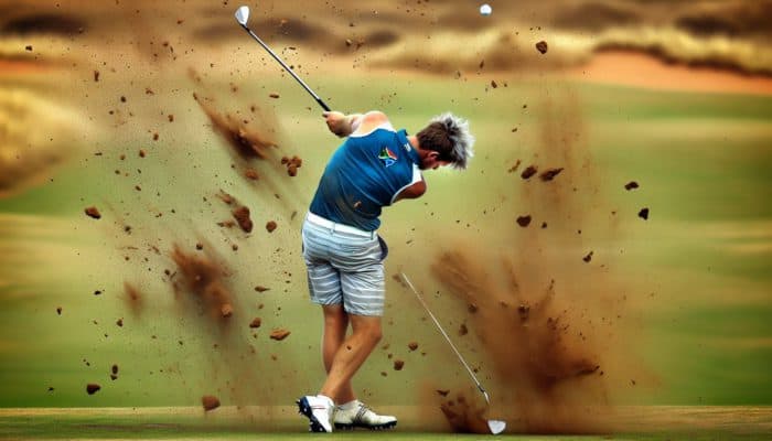 A South African golfer mis-hits a ball due to poor swing mechanics, wrong club choice, and challenging course conditions.