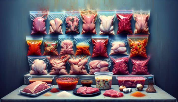 Meats marinating in zip-lock bags and dishes, 2 to 24 hours, with vibrant marinades.