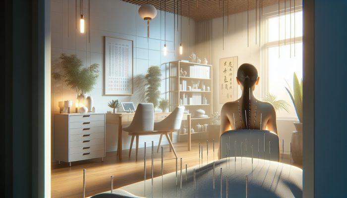 A serene acupuncture session in a modern UK clinic, focusing on appetite control with traditional Chinese elements.