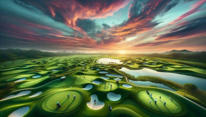 Aerial view of Umdoni Park Golf Club at sunset, golfers playing, experts discussing strategies.