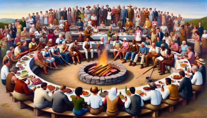 A diverse group celebrates America's BBQ history with regional styles over an earthen pit.