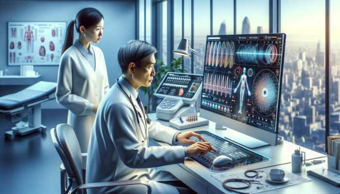 A doctor analyzing blood and saliva test results on a computer, discussing hormonal imbalances with a patient in a clinic.