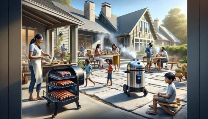 Electric smoker on patio smoking ribs, family playing nearby, illustrating time-saving BBQ convenience.