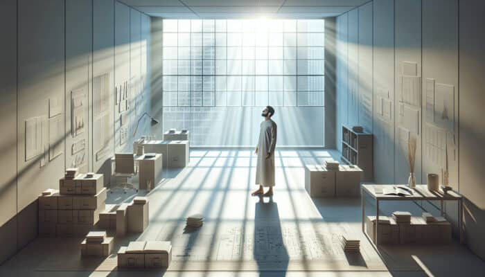 A serene minimalist room with sunlight, symbolising mental clarity and relief; a smiling person amidst organized spaces, feeling accomplished and at peace.