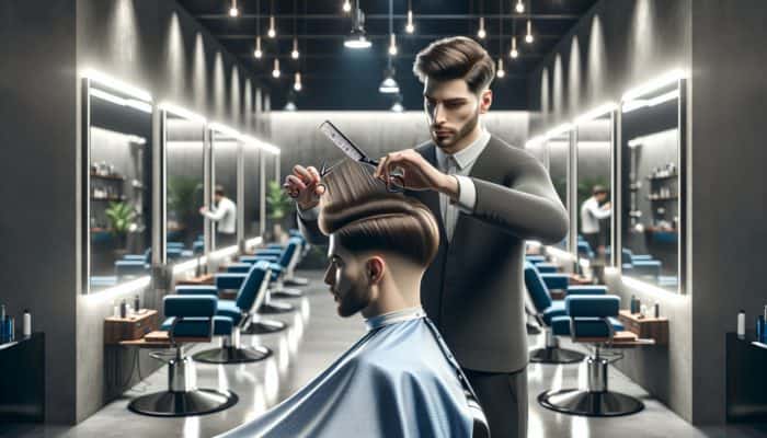 A barber expertly cutting long layers in a man's hair within a modern salon adorned with mirrors and focused lighting.