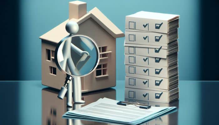 How to Get Pre-Approved for a Home Loan in Delmas: A person using a magnifying glass on financial documents, with a house model and checklist, representing home loan pre-approval in Delmas.