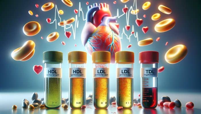 Cholesterol Blood Test in Oakham: Illustration of cholesterol blood test vials labeled HDL, LDL, triglycerides, with a heart background.