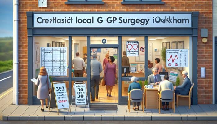 A busy Oakham GP surgery with patients, cholesterol testing sign, and receptionist scheduling appointments.