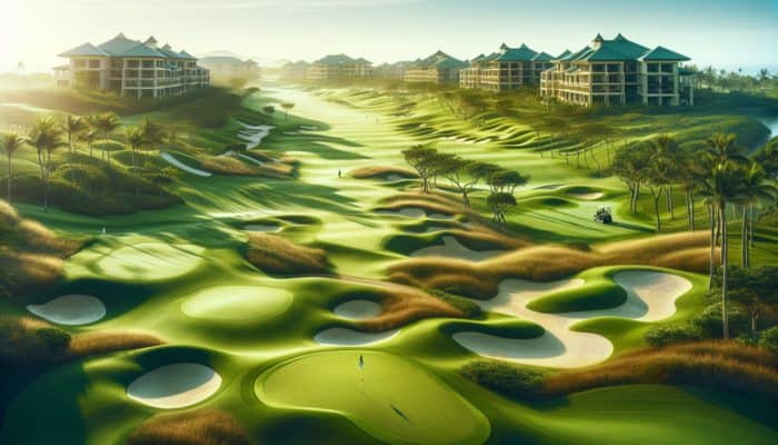 Serene golf course at San Lameer featuring lush fairways, bunkers, and a resort backdrop under a clear sky.