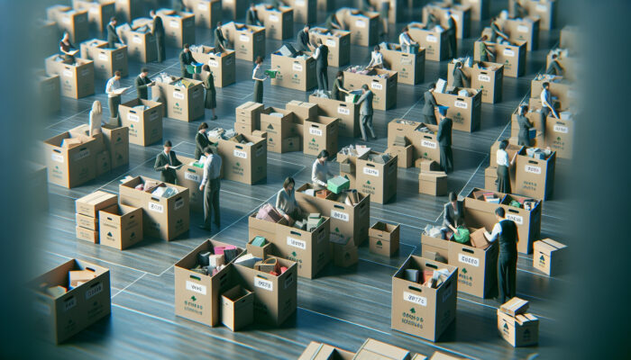 Professionals sorting personal items into labelled boxes, recycling, symbolising a fresh start and emotional relief in a serene room during house clearance.