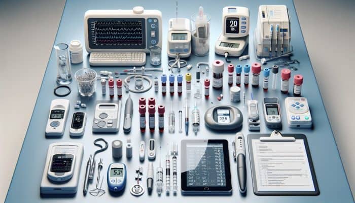 Diabetes Blood Test in Abingdon-on-Thames: A clinical table with various diabetes blood test vials and equipment, including fasting, OGTT, HbA1c, and continuous glucose monitoring devices.