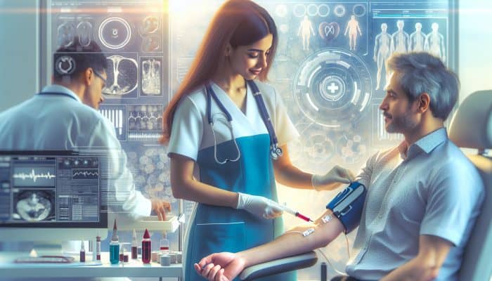 A patient receiving a blood test at a serene medical clinic in Abingdon-on-Thames, focused on diabetes care.