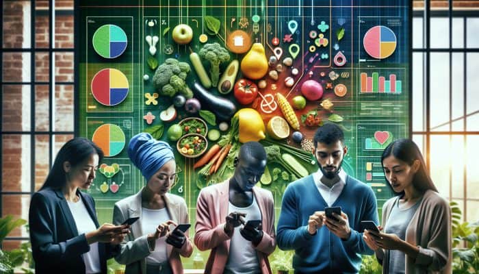 Diverse group using smartphones to read reviews on plant-based diet app, with meals and charts on screens, in green setting.