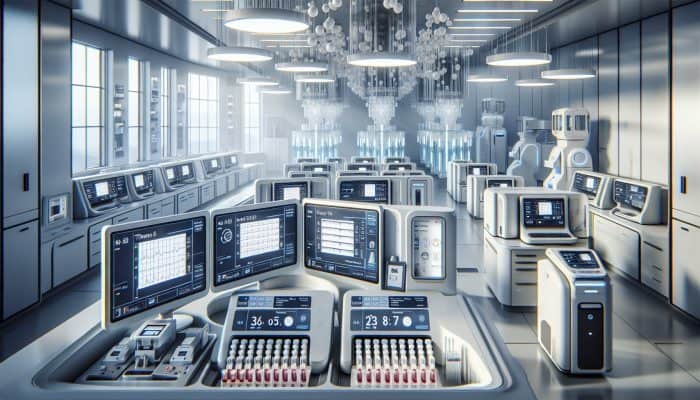 Modern lab with automated analysers and point-of-care devices for thyroid testing, improving accuracy and patient care.