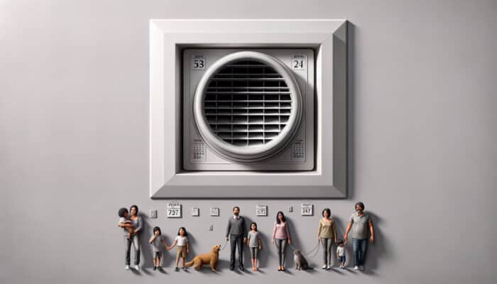 A clean air vent in a modern Abbotsford home, with a calendar showing annual cleaning and a family with pets.